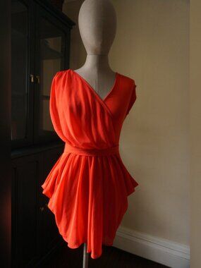 Bebe Vibrant Red-Orange Draped Faux Wrap Mini Dress, Size XS